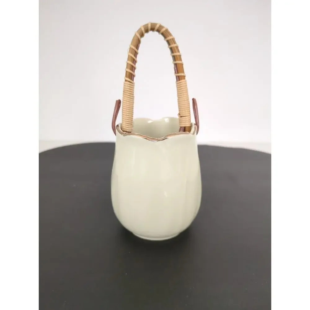 Vtg Asahi Japan Gold Peacock Kutani Small Vase Bamboo Handle